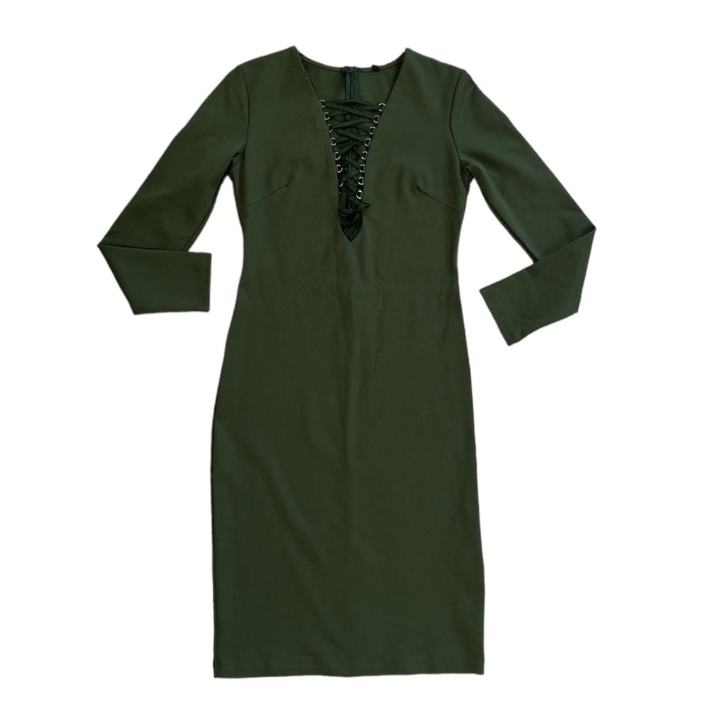 Forest Green Plunging Deep V Neck Front Tie Body con Dress